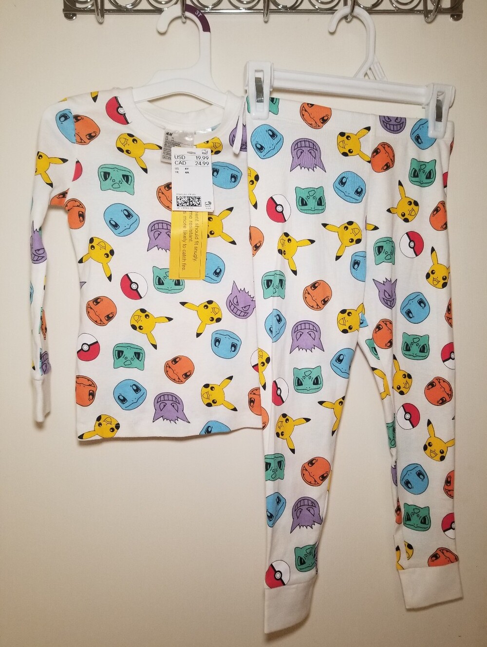 H&M White Kids 4t Pajama Set with Multicolor Pokemon Character Faces